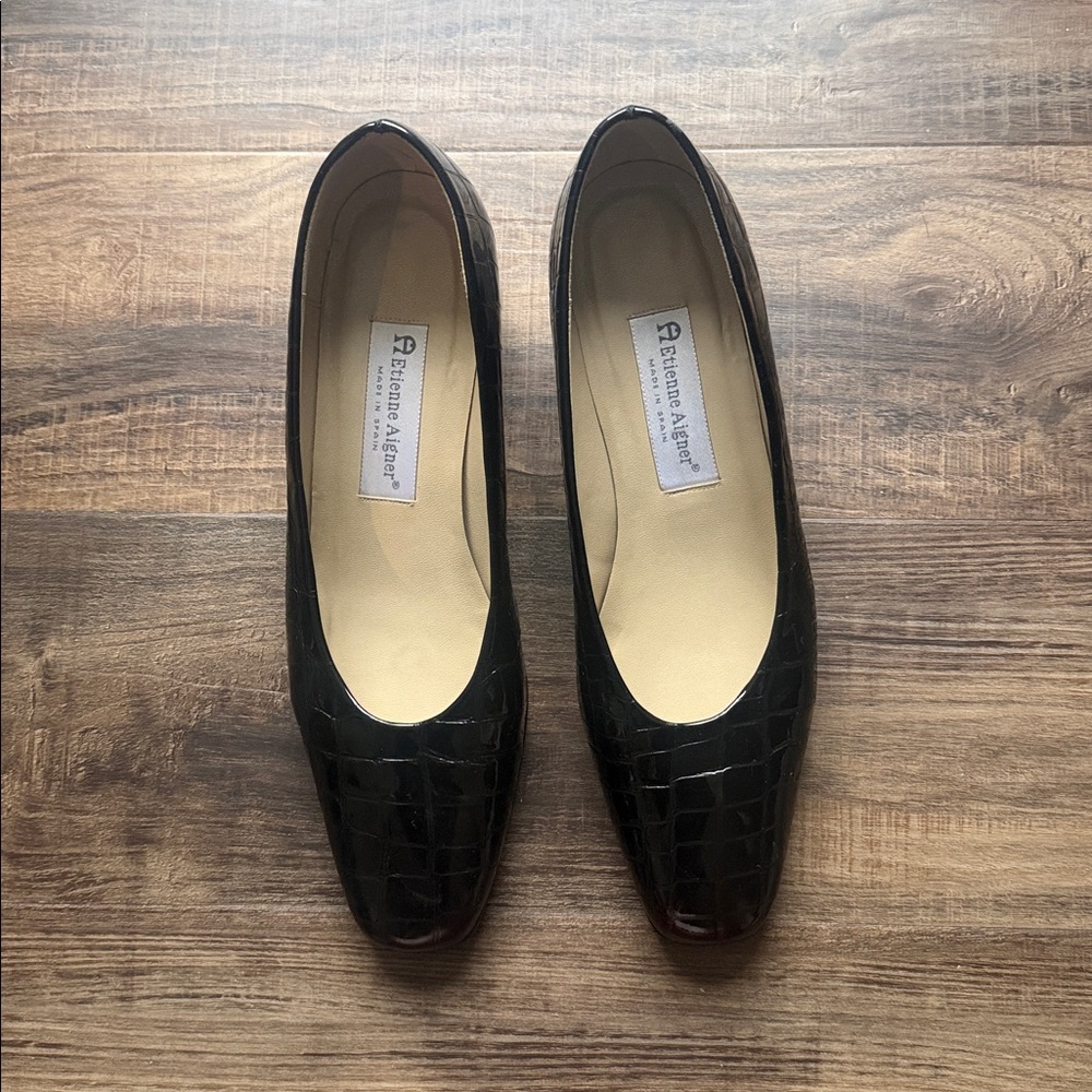 Etienne Aigner Glossy Black Croco Embossed Heels, Size 10